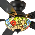 Tiffany Ceiling Fans with Lights - 48' Ceiling Fan Chandelier with 5 Dual-Blades and Glass Shade, 6 Speeds and Reversible, Indoor and Outdoor, Retro Style