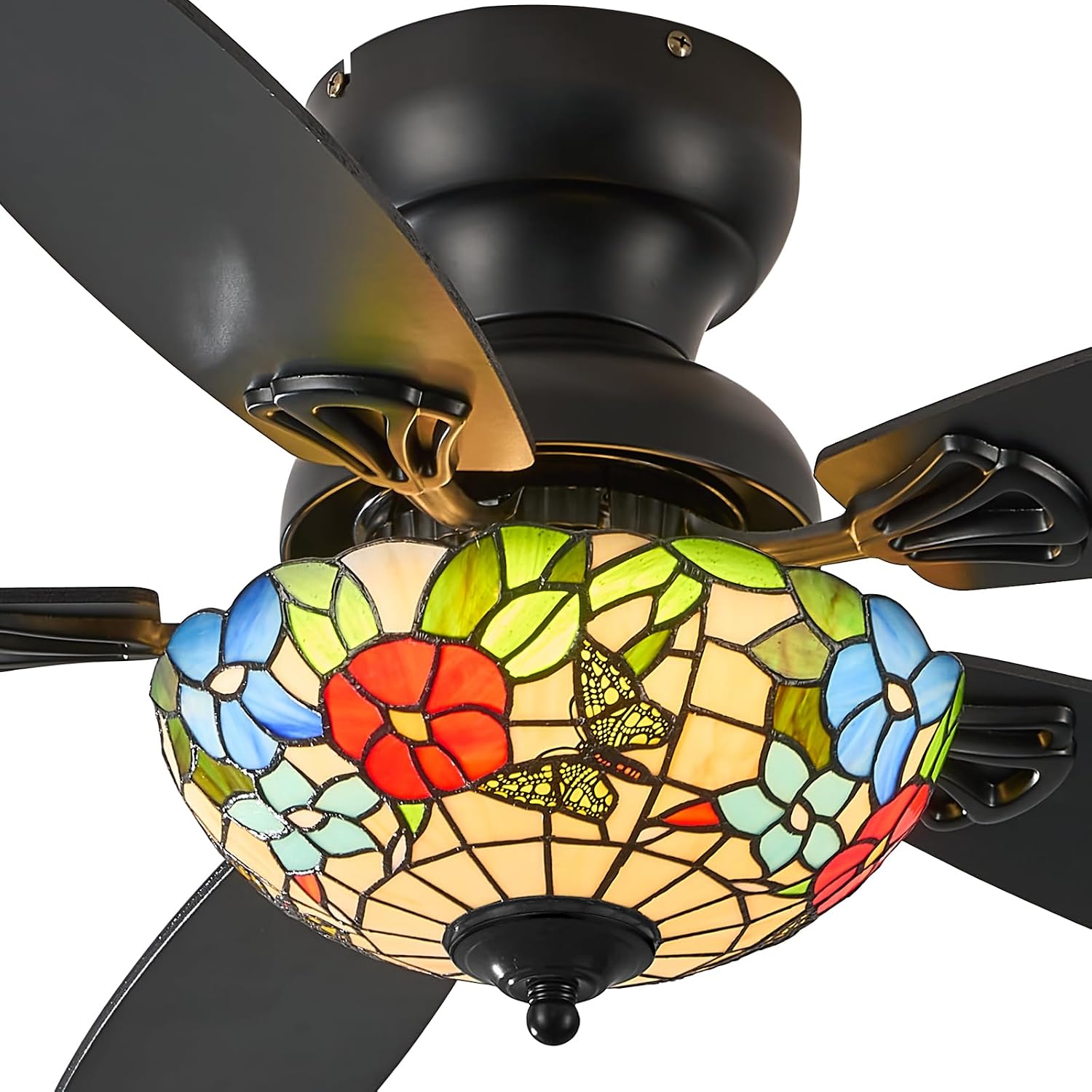 Tiffany Ceiling Fans with Lights - 48' Ceiling Fan Chandelier with 5 Dual-Blades and Glass Shade, 6 Speeds and Reversible, Indoor and Outdoor, Retro Style