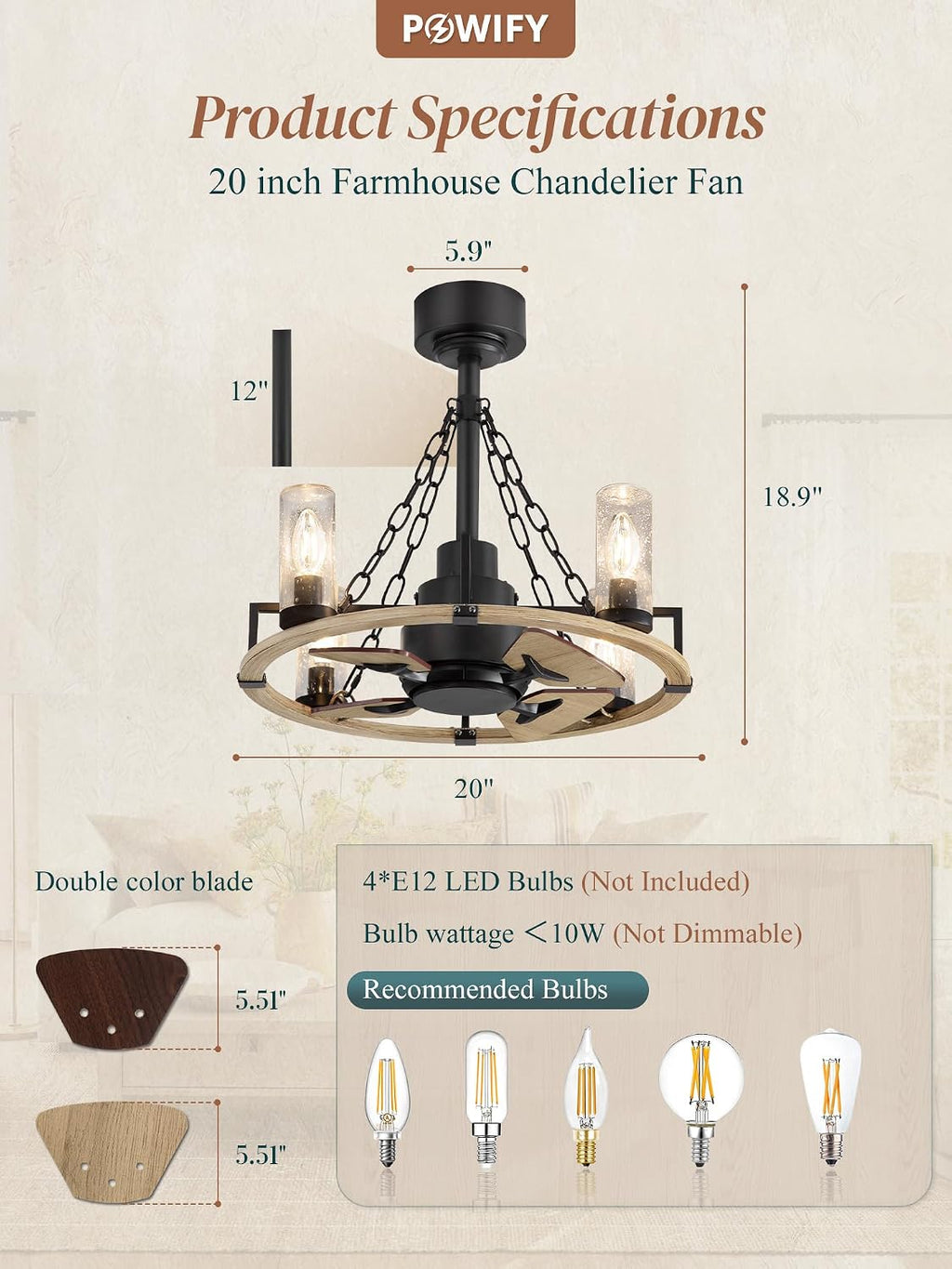 Wagon Wheel Rustic Chandelier Ceiling Fan with Light, 20 inch Farmhouse Caged Ceiling Fans, Quiet Reversible Motor, Dual Finish Blades, Wood Bladeless Fan Lights Ceiling Fixtures for Bedroom Kitchen