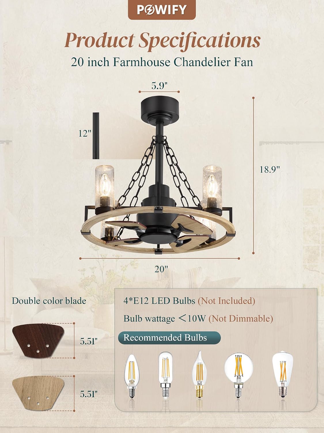 Wagon Wheel Rustic Chandelier Ceiling Fan with Light, 20 inch Farmhouse Caged Ceiling Fans, Quiet Reversible Motor, Dual Finish Blades, Wood Bladeless Fan Lights Ceiling Fixtures for Bedroom Kitchen