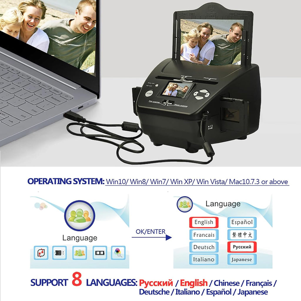 Digital Film Scanner, Slide Negative Scanner with 2.4' LCD Screen and 8.1 Mega Pixels Sensor, Converts Film, Photo and Name Cards, Built-in 128 Mb Memory and Convenient to Use, for Family