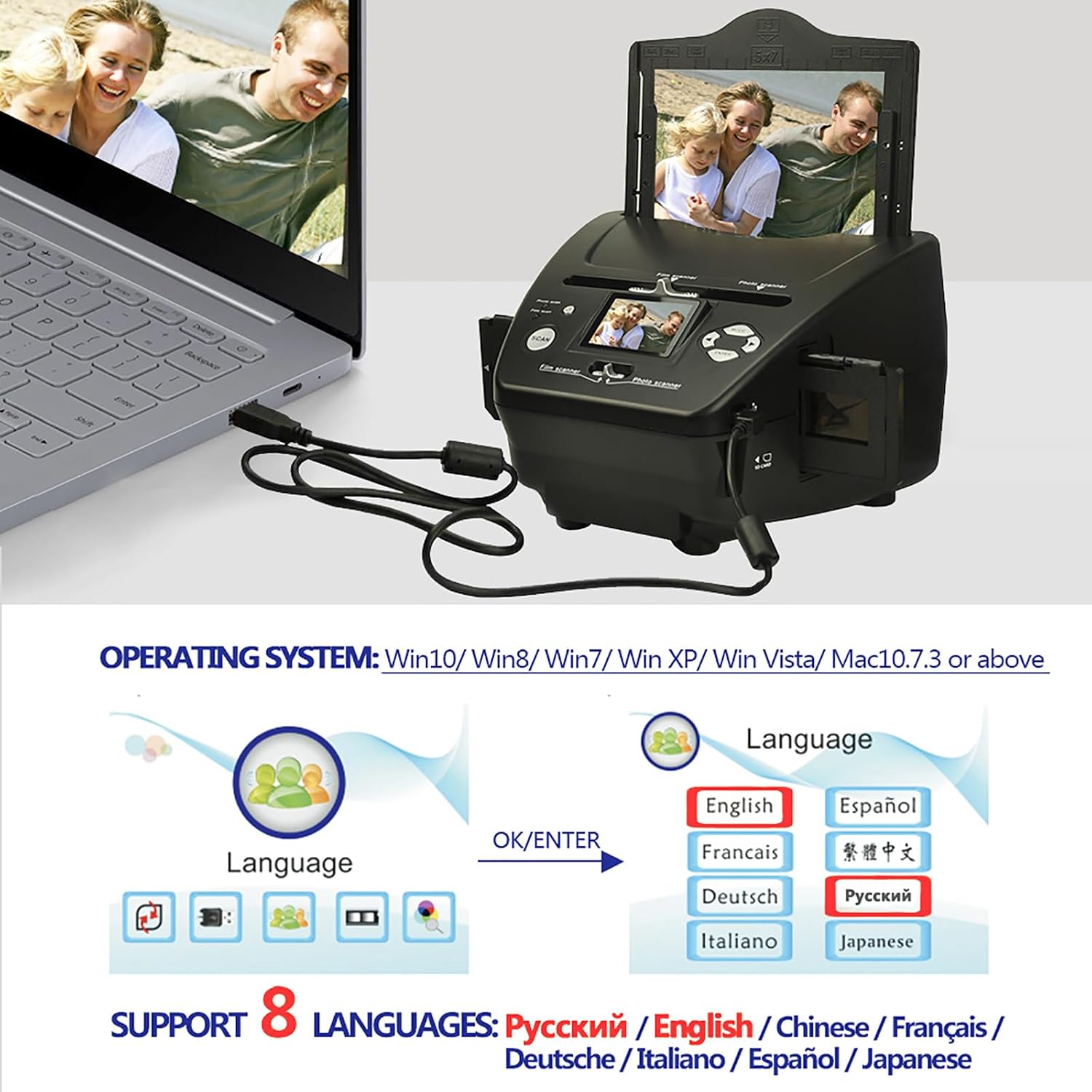 Digital Film Scanner, Slide Negative Scanner with 2.4' LCD Screen and 8.1 Mega Pixels Sensor, Converts Film, Photo and Name Cards, Built-in 128 Mb Memory and Convenient to Use, for Family
