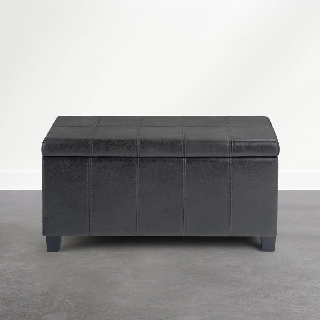 SIMPLIHOME Dover Storage Ottoman Bench - 36 inch Wide Upholstered Vegan Leather Rectangle Storage Ottoman Bench in Distressed Graphite Black, Contemporary Ottoman for Living Room with Lift-Up Lid