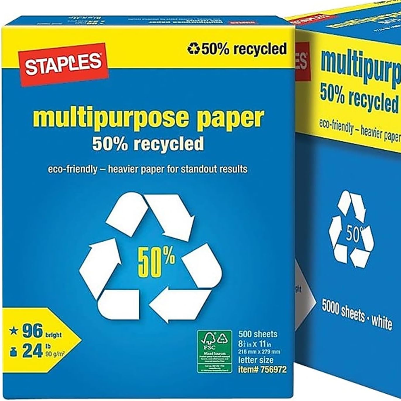 Staples 50% Recycled 8.5-Inch x 11-Inch Multipurpose Paper 24 lbs 96 Bright, 10 RM/CT, For Office, School & Home