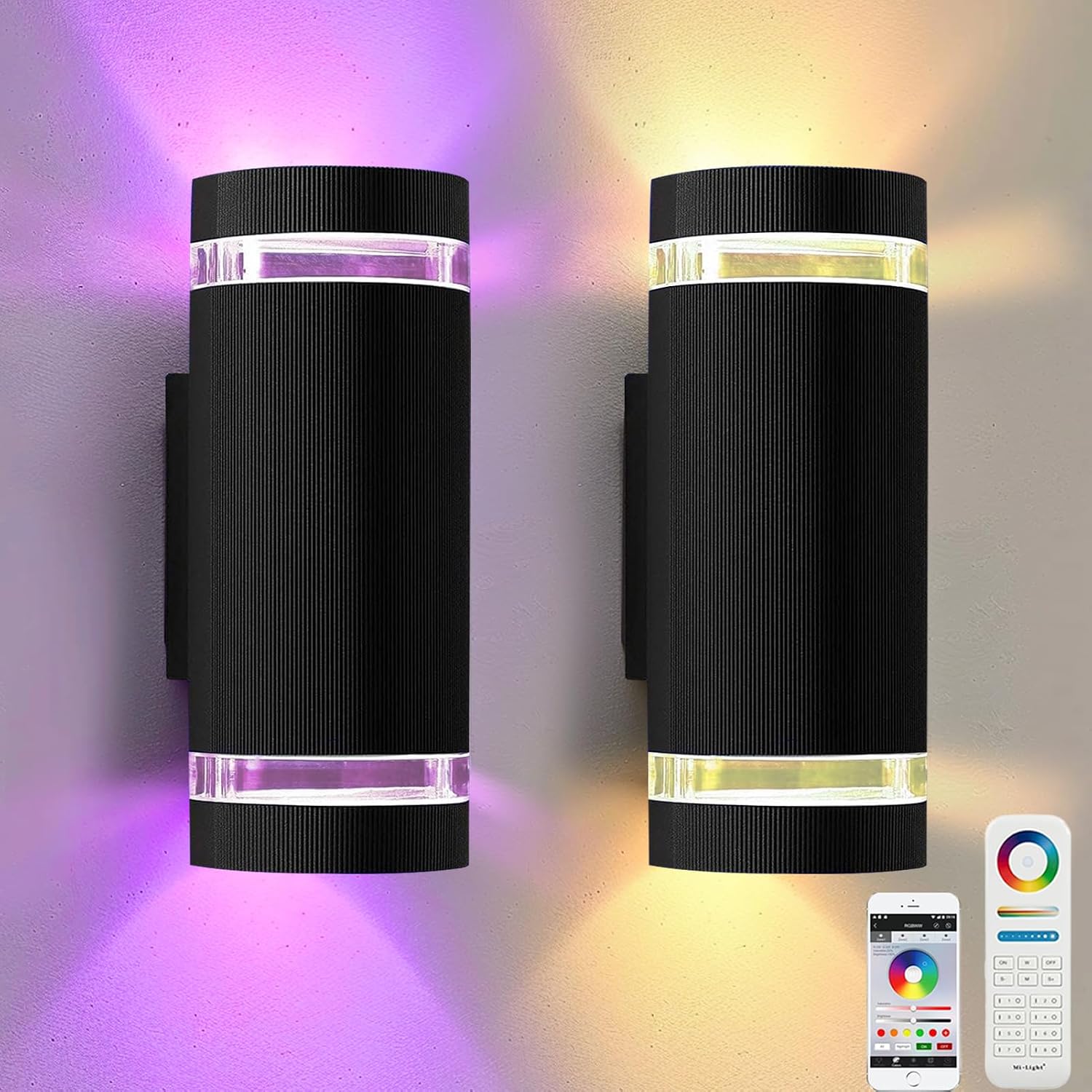 iYogaled RGB Outdoor Wall Lights with RF Remote Control, Color Changing Porch Light, Up and Down Smart Wall Sconces with 2700k- 6500k RGB+CCT and 32 Modes-ETL Listed (2 Pack)