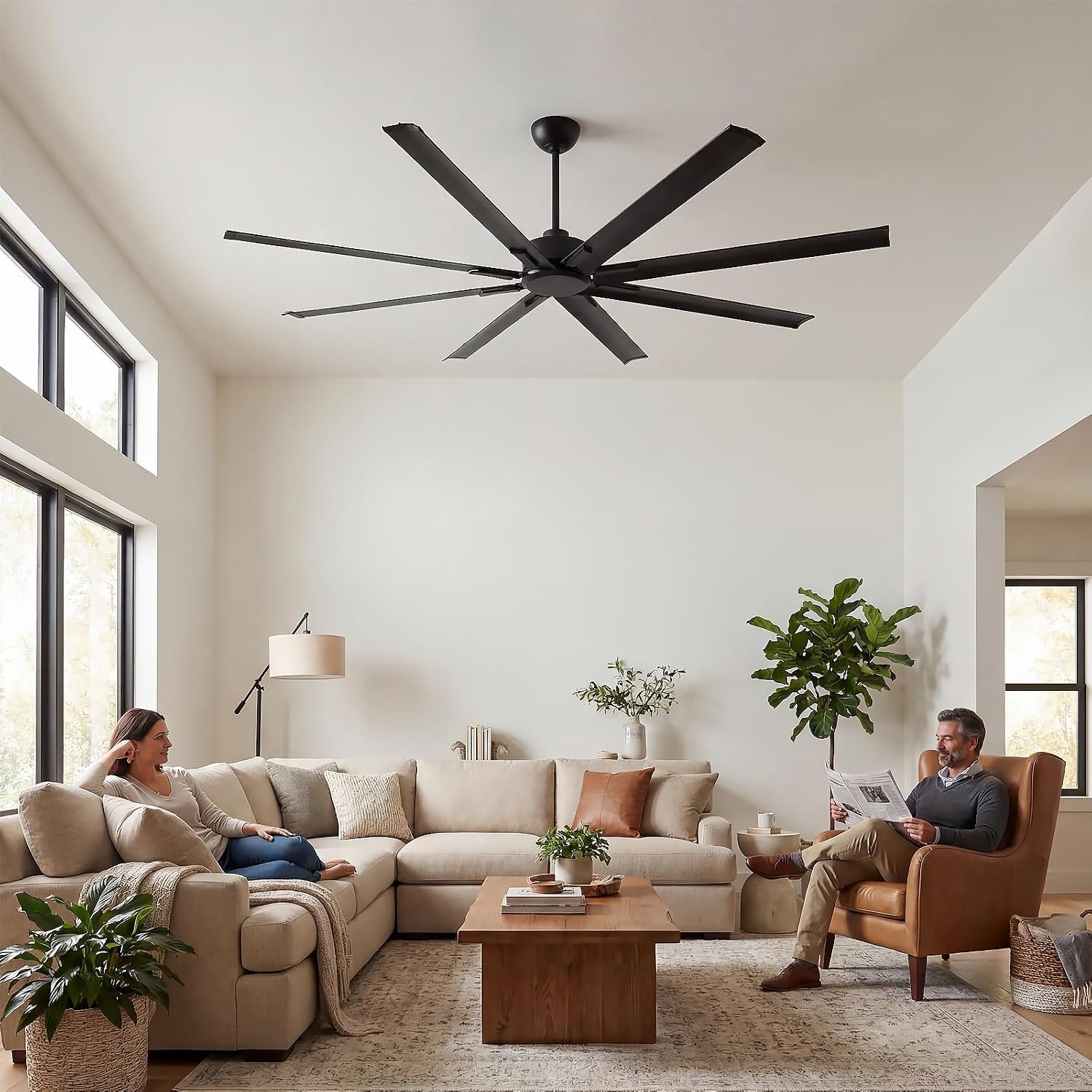 72' Industrial Ceiling Fan with Remote - 8 Blade Aluminum, 9,500 CFM Airflow, Quiet DC Motor, Indoor/Outdoor, 3 Downrods, Black Commercial Fan for Garage/Warehouse/Patio
