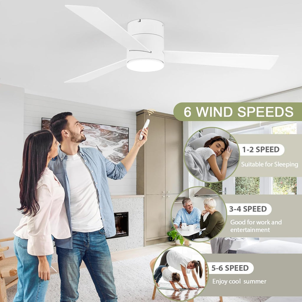 GESUM Flush Mount Ceiling Fan with Lights, 52' Low Profile Ceiling Fans with Remote Control, Dimmable, Quiet DC Motor, Reversible, Outdoor Ceiling Fans for Patios Bedroom Kitchen Porch