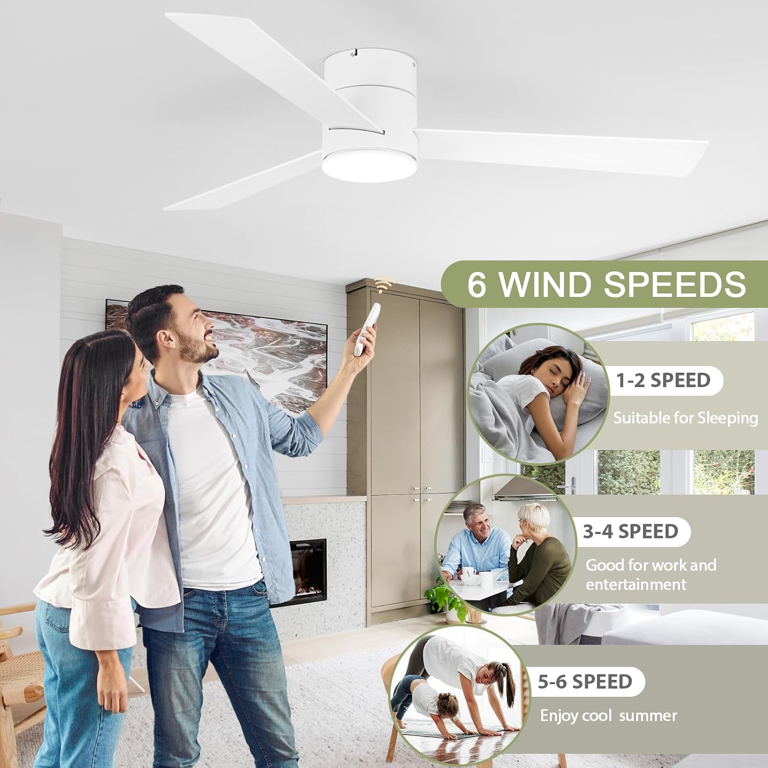 GESUM Flush Mount Ceiling Fan with Lights, 52' Low Profile Ceiling Fans with Remote Control, Dimmable, Quiet DC Motor, Reversible, Outdoor Ceiling Fans for Patios Bedroom Kitchen Porch