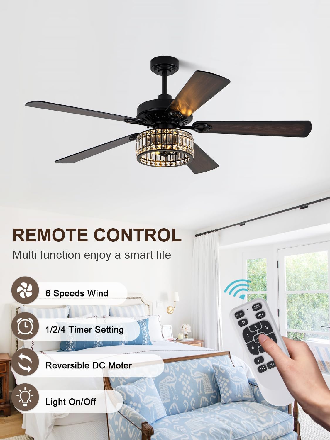 60 Inch Crystal Ceiling Fan with Lights Remote Large Chandelier Ceiling Fan Crystal Caged Fandelier, Indoor Outdoor 5 Dual Blades Reversible Quiet DC Motor 6 Speeds for Living Room Patio