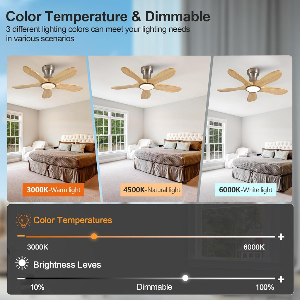 36 Inch Wood Flush Mount Ceiling Fans with Lights and Remote, Dimmable 5 Blade Wood Bedroom Ceiling Fan Outdoor Ceiling Fans for Patios Low Profile Ceiling Fan with Light for Bedroom Indoor