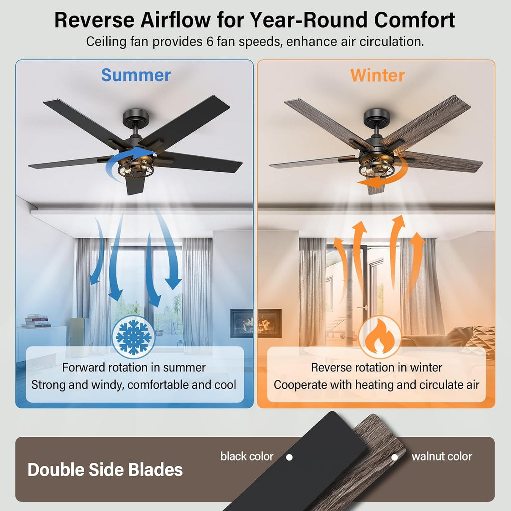 52 Inch Black Caged Ceiling Fans with Lights and Remote, Reversible, 3CCT, Dimmable, Noiseless, Double-Sided 5 Blades Ceiling Fan for Bedroom, Farmhouse, Living Room, No Light Bulbs Included
