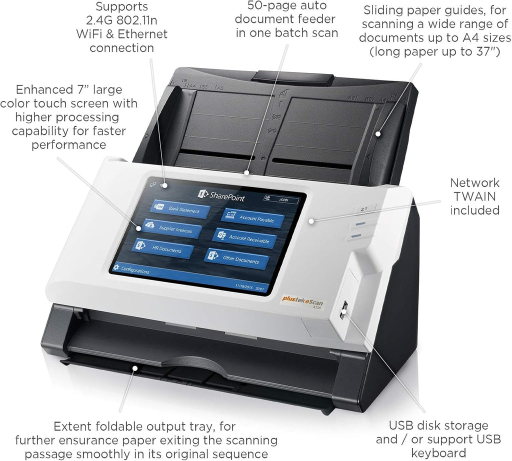 Plustek eScan SharePoint - Network Document Scanner Dedicated for Microsoft SharePoint and Office 365 – Standalone (PC-Less), 7' Color Touchscreen – 50-Sheet Automatic Document Feeder
