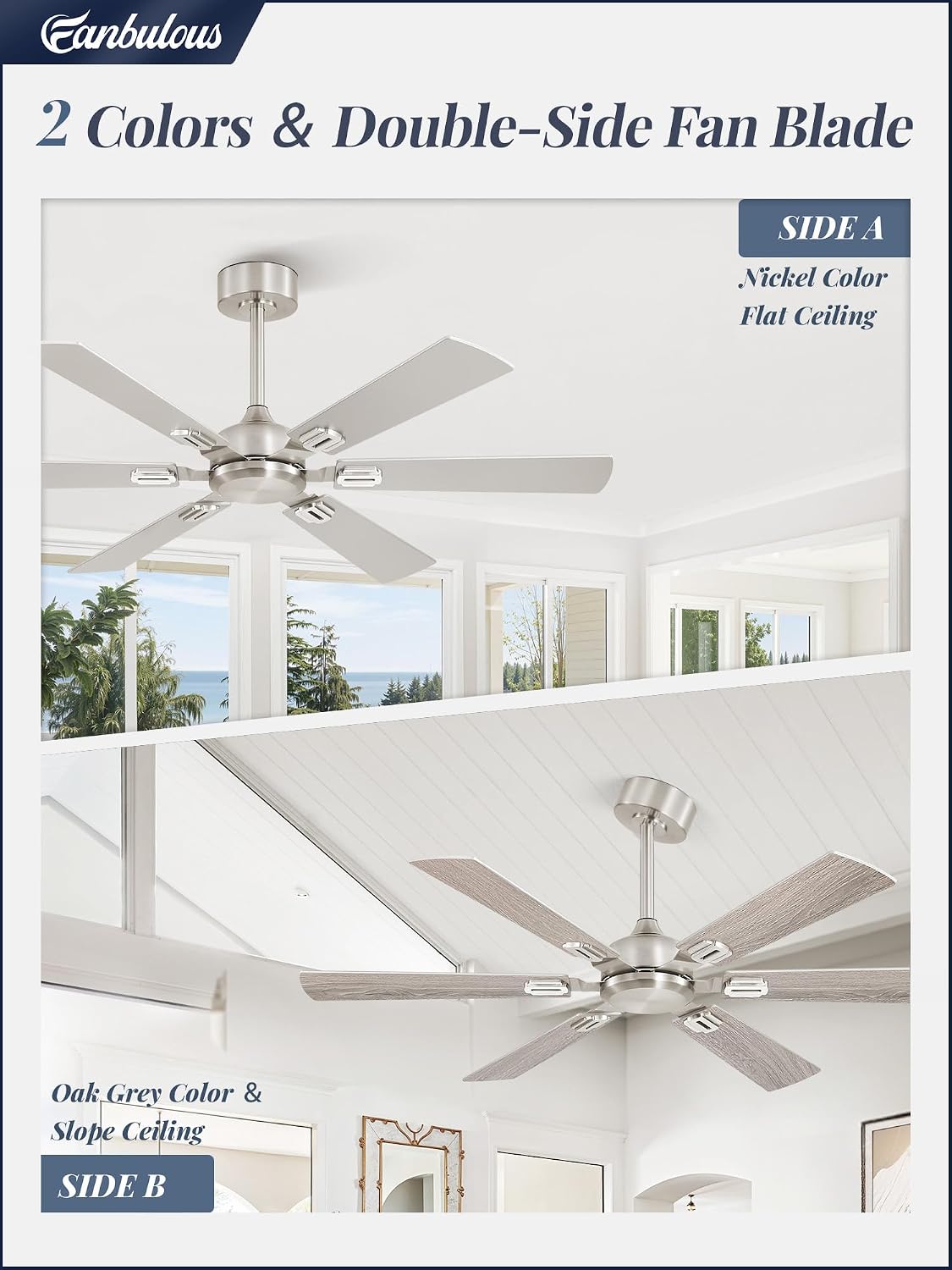 Fanbulous 52 Inch Ceiling Fans No Light with Remote, Modern Ceiling Fan Without Light, Dual Finish 6 Blades, Reversible Quiet DC Motor, 6 Speed, Large Ceiling Fan for Indoor or Covered Outdoor, Nickel