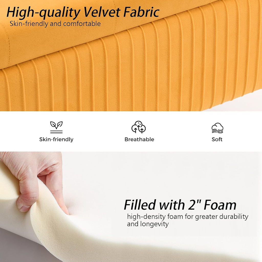 Velvet Storage Bench for Bedroom Upholstered End of Bed Bench Modern Ottoman with Gold Legs for Living Room/WindowEntryway (Mustard Yellow, Oval-45.5' W)