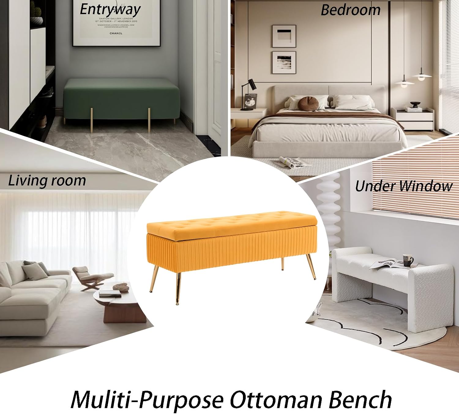 Velvet Storage Bench for Bedroom, Upholstered End of Bed Bench Modern Tufted Ottoman with Gold Legs for Living Room/Window/Entryway (Mustard Yellow, Rectangle-45.5' W)