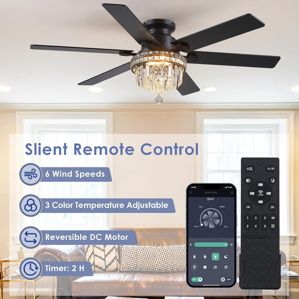 Asyko Crystal Ceiling Fan Fandelier with Lights - 52' Outdoor Fans with Remote Control，Crystal Ceiling Fans Noiseless DC Motor, Retro/Farmhouse Lighting, Dining Room,Living Room