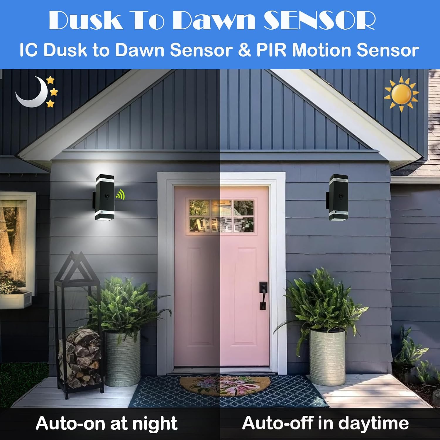 iYogaled Motion Sensor Outdoor Wall Lights with 3 Lighting Modes, Dusk to Dawn Porch Light with Bulbs Include, IP65 Waterproof Modern Black Wall Sconce for Patio, Garage, Front Door