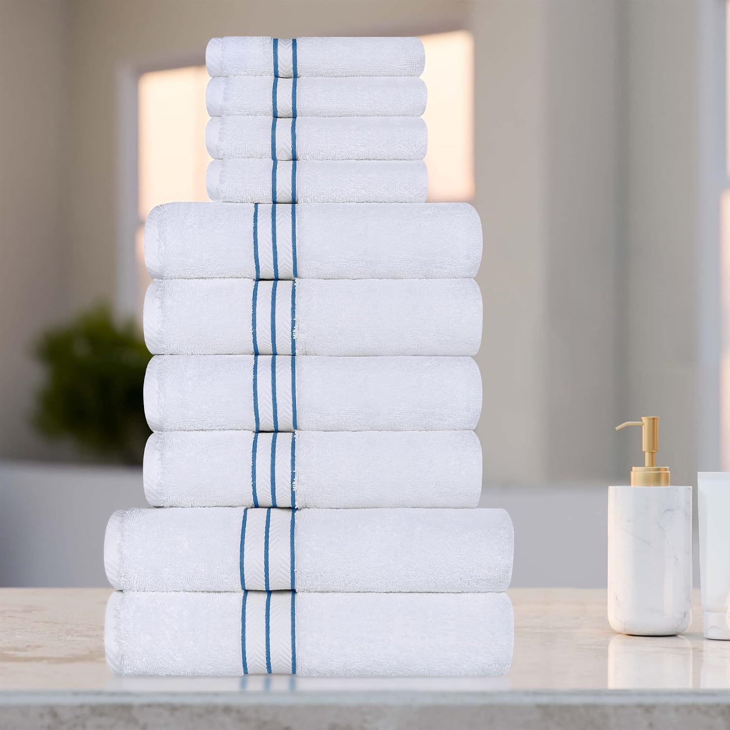 Superior Hotel Turkish Cotton 10 Piece Towel Set, Ultra Plush Spa Quality Heavyweight Essentials for Bathroom, Thick Absorbent and Soft, Dobby Border, Includes 2 Bath 4 Hand 4 Washcloths, Light Blue