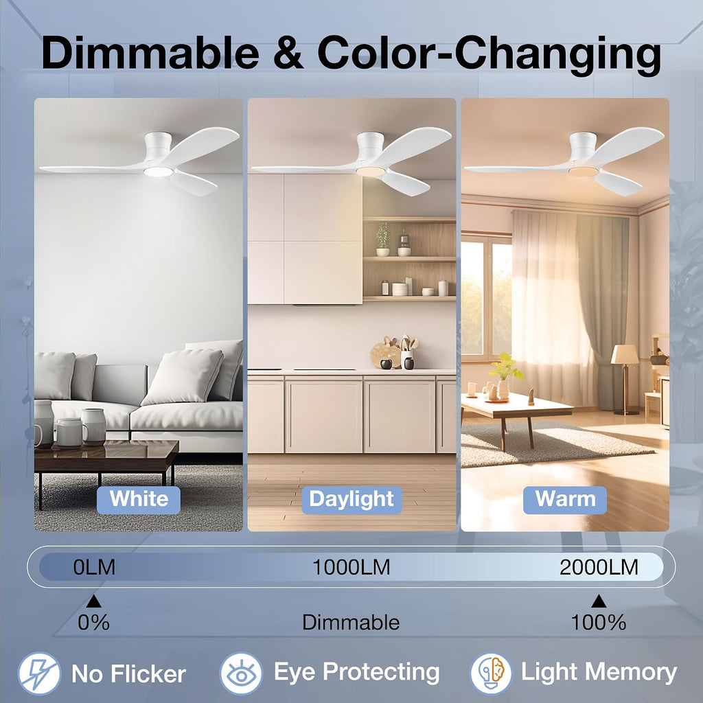 52 Inch Wood Ceiling Fans with Lights Remote,Low Profile Flush Mount Ceiling Fan with Light,Outdoor Indoor Modern Ceiling fan for Bedroom Living room Patio,White,3 Blades,Dimmable,6 Speed,Noiseless