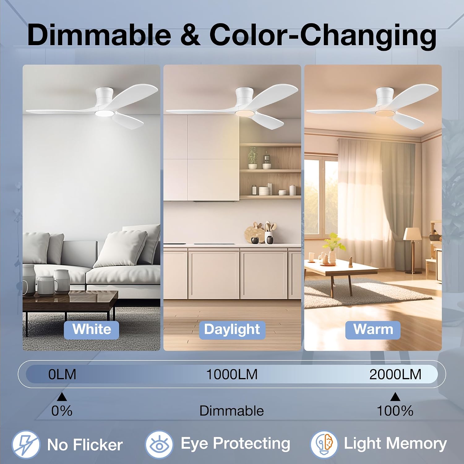 52 Inch Wood Ceiling Fans with Lights Remote,Low Profile Flush Mount Ceiling Fan with Light,Outdoor Indoor Modern Ceiling fan for Bedroom Living room Patio,White,3 Blades,Dimmable,6 Speed,Noiseless