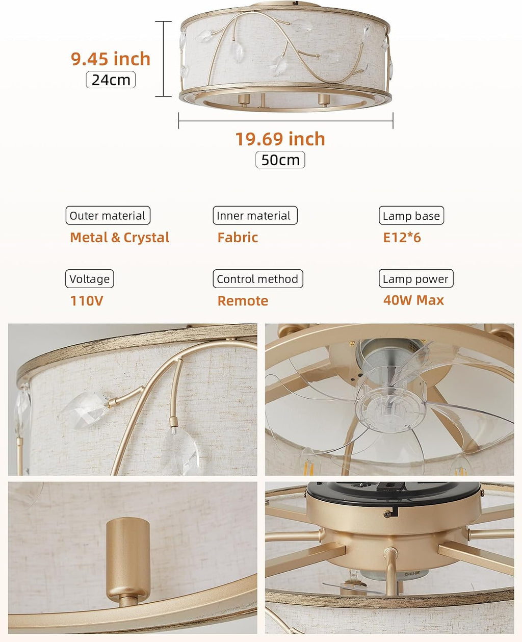 Gold Flush Mount Crystal Ceiling Fan with Lights, 20' Caged Retro Ceiling Fans Remote Control, Bladeless 6 Speeds for Living Room, Bedroom, Nursery (Including 6 E12 Bulb)