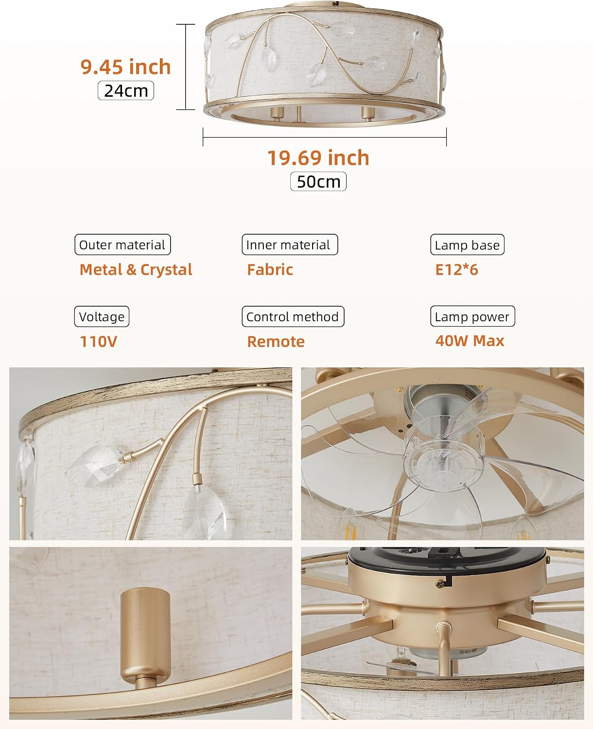 Gold Flush Mount Crystal Ceiling Fan with Lights, 20' Caged Retro Ceiling Fans Remote Control, Bladeless 6 Speeds for Living Room, Bedroom, Nursery (Including 6 E12 Bulb)
