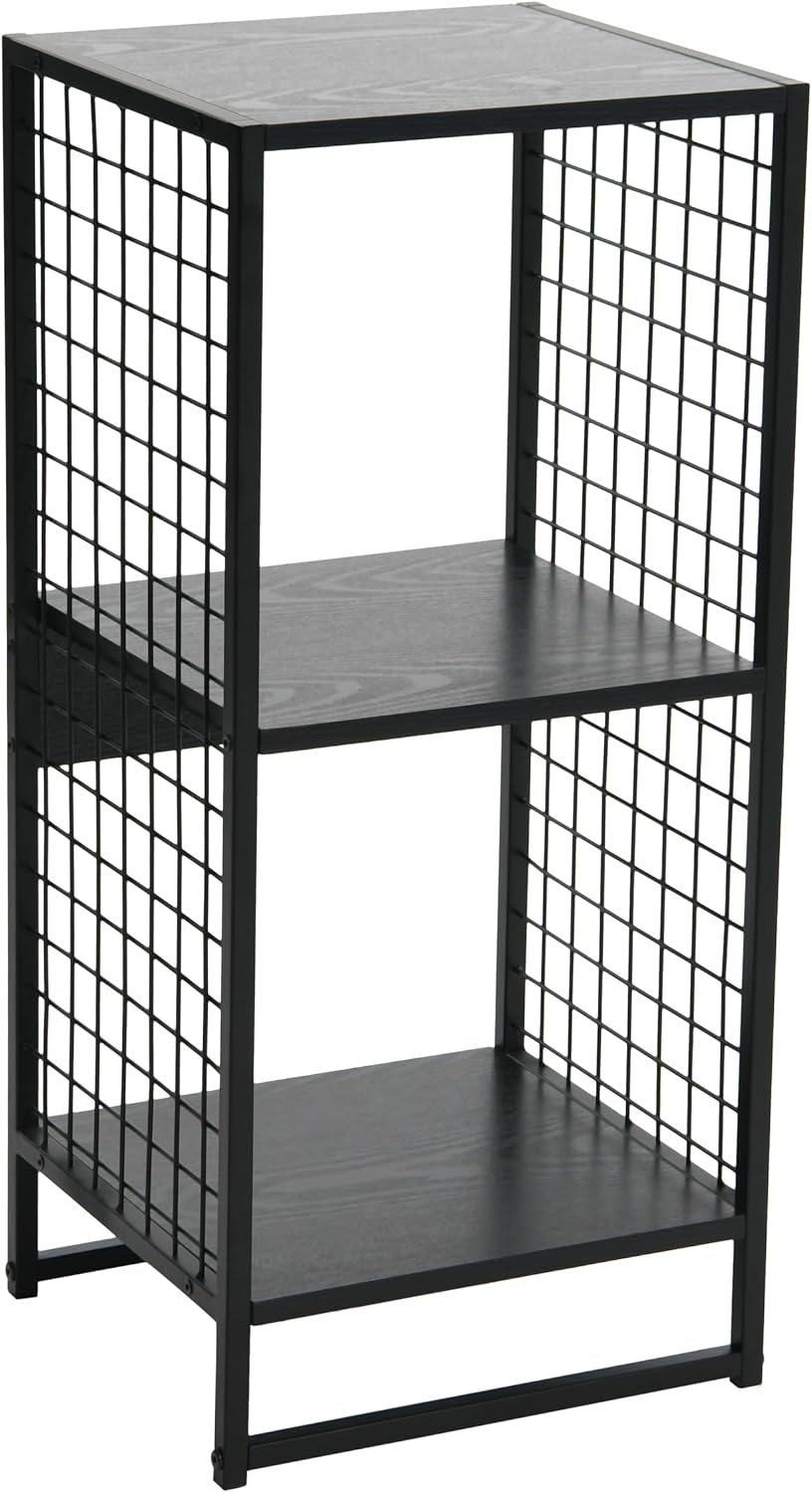 Household Essentials Trellis Open Storage Bookshelf with 2 Cube Compartments Black Oak Wood Grain and Black Metal