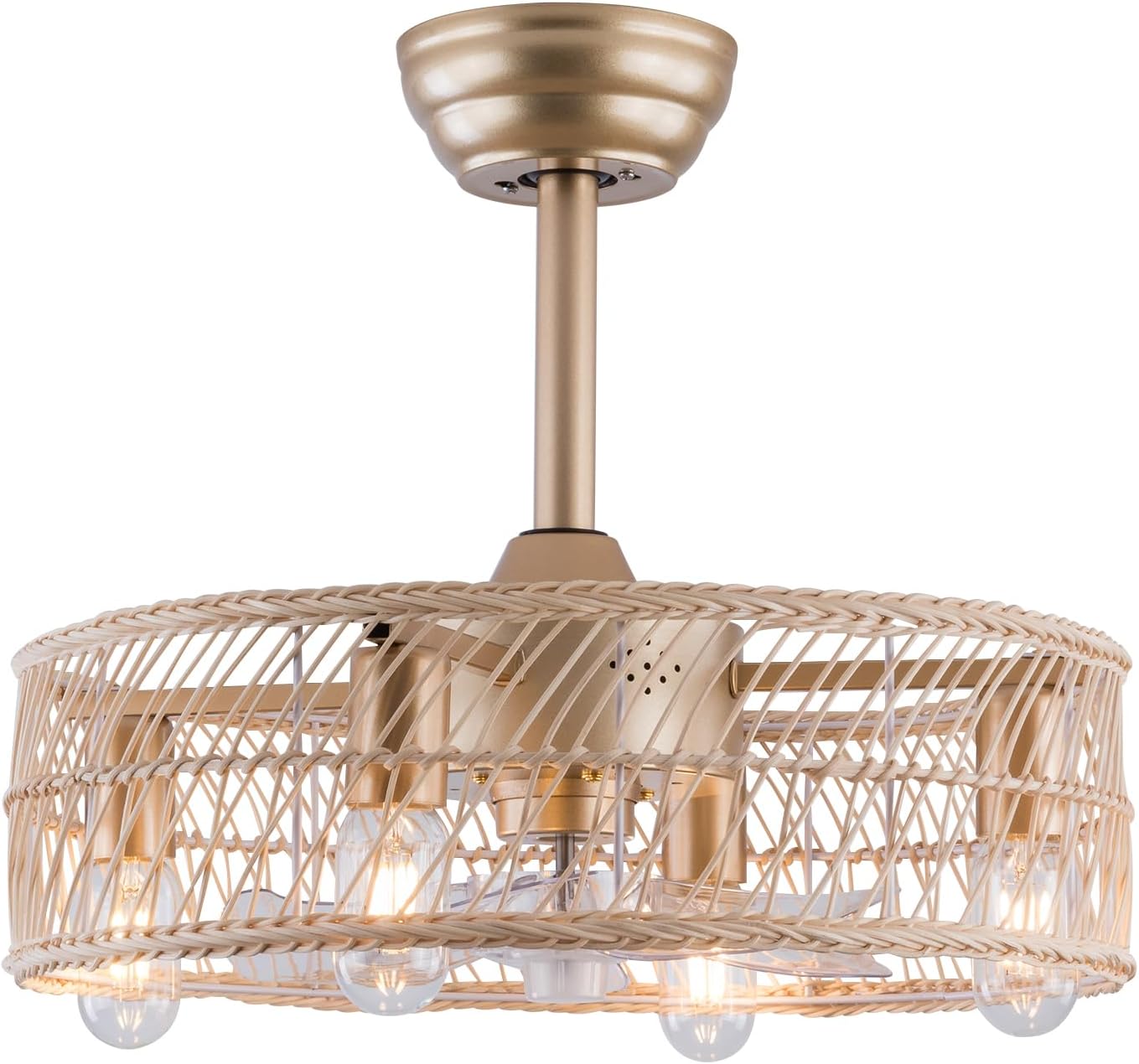 OUKANING Bamboo Art Caged Ceiling Fan with Light, Fandelier with Remote Control & Noiseless 35db - Farmhouse Rustic Bladeless Ceiling Fans Chandelier Retro Lighting Fixture