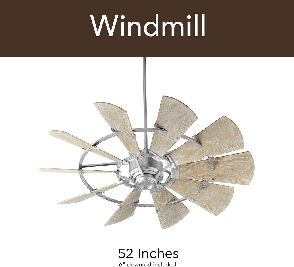 Quorum 195210-9 Windmill 52 Inch Ceiling Fan | 10 Blade Wagon Wheel Design | 6 Speed Reversible DC Motor | Remote Control Included | Damp Rated Fan | Weathered Oak Blades | Galvanized Finish