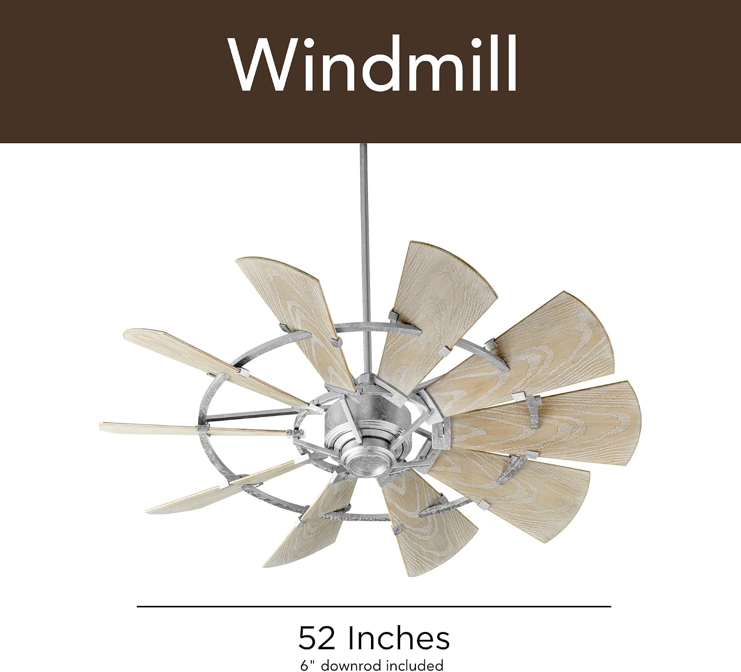 Quorum 195210-9 Windmill 52 Inch Ceiling Fan | 10 Blade Wagon Wheel Design | 6 Speed Reversible DC Motor | Remote Control Included | Damp Rated Fan | Weathered Oak Blades | Galvanized Finish