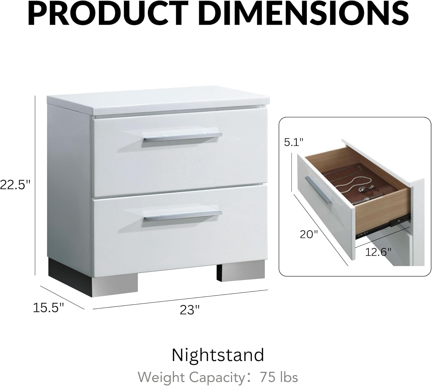 HOMES: Inside + Out Aria High Gloss Lacquer Finish 2-Drawer Nightstand, Glossy White