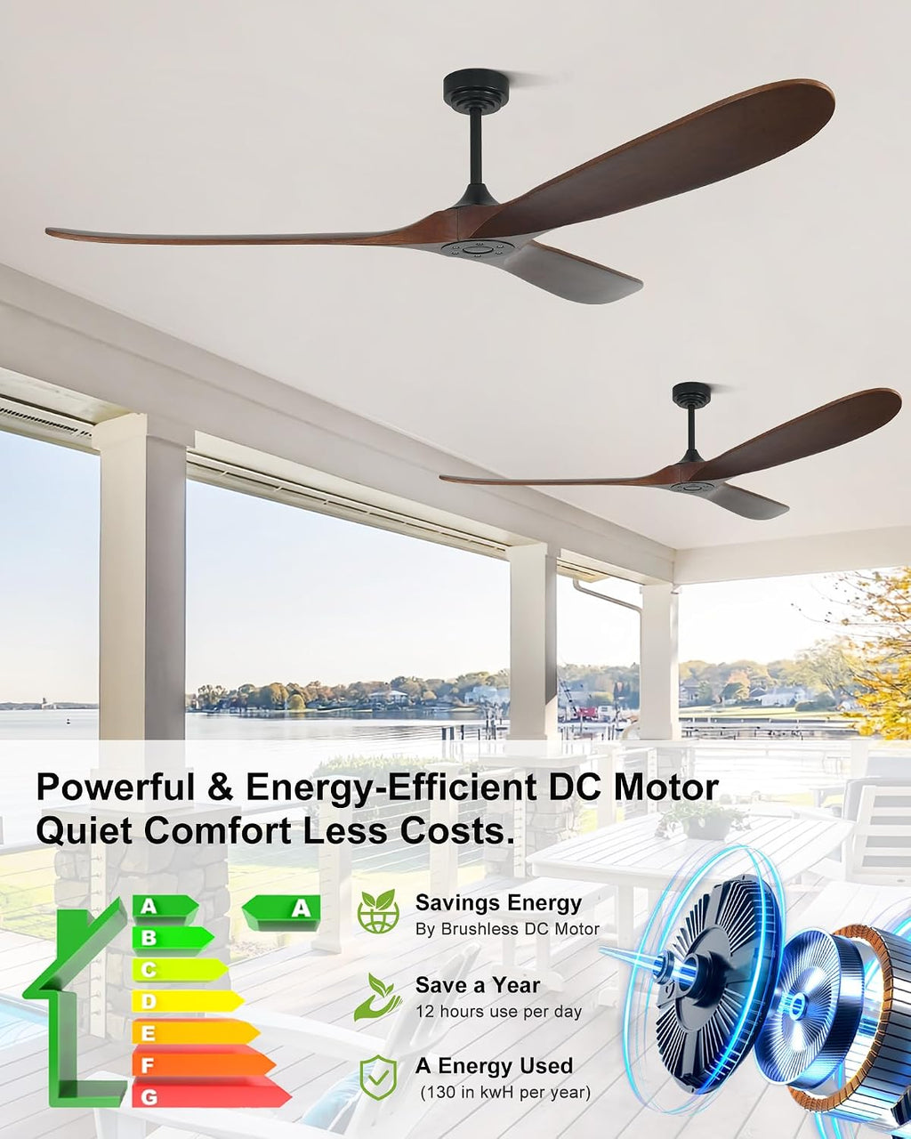 72' Smart Ceiling Fan without Lights, Wood Large Ceiling Fan with Remote Alexa Google App, 3 Blade Propeller for Patios Farmhouse Garage High CFM, Red Walnut