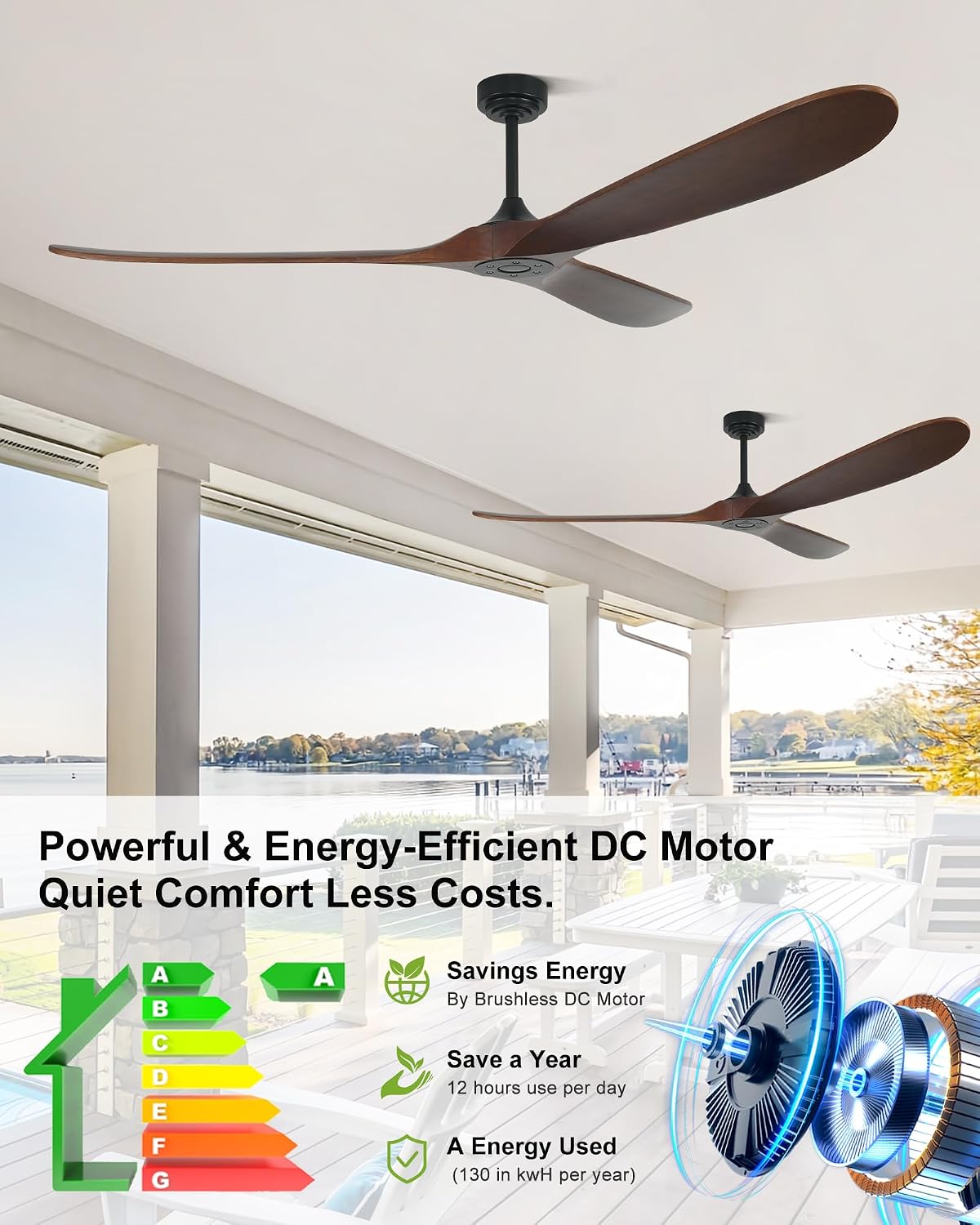 72' Smart Ceiling Fan without Lights, Wood Large Ceiling Fan with Remote Alexa Google App, 3 Blade Propeller for Patios Farmhouse Garage High CFM, Red Walnut