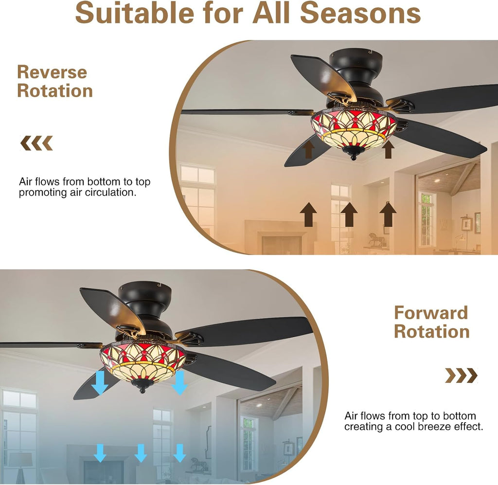Tiffany Ceiling Fans with Lights - 48' Ceiling Fan Chandelier with 5 Dual-Blades and Glass Shade, 6 Speeds and Reversible, Indoor and Outdoor, Retro Style