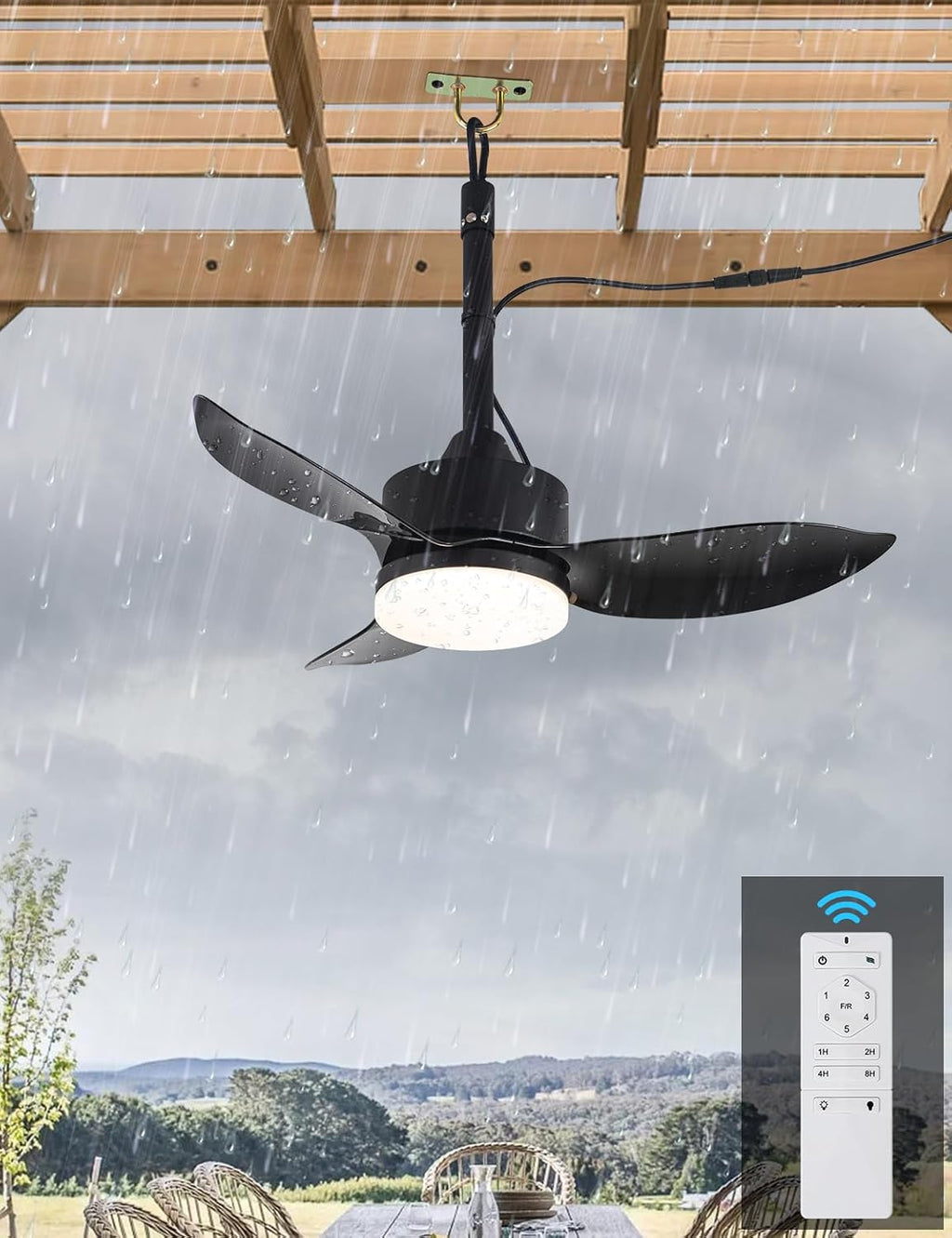 EKIZNSN Outdoor Plug In Ceiling Fan with Light and Hook, 39' IP65 Waterproof Wet Rated Patio Ceiling Fans, Black