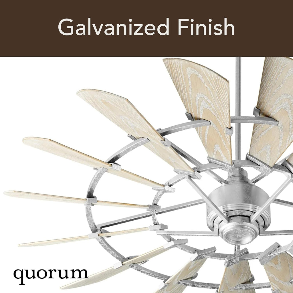 Quorum 196015-9 Windmill 60 Inch Ceiling Fan | 15 Blade Wagon Wheel Design | 6 Speed Reversible DC Motor | Remote Control Included | Damp Rated Fan | Weathered Oak Blades | Galvanized Finish