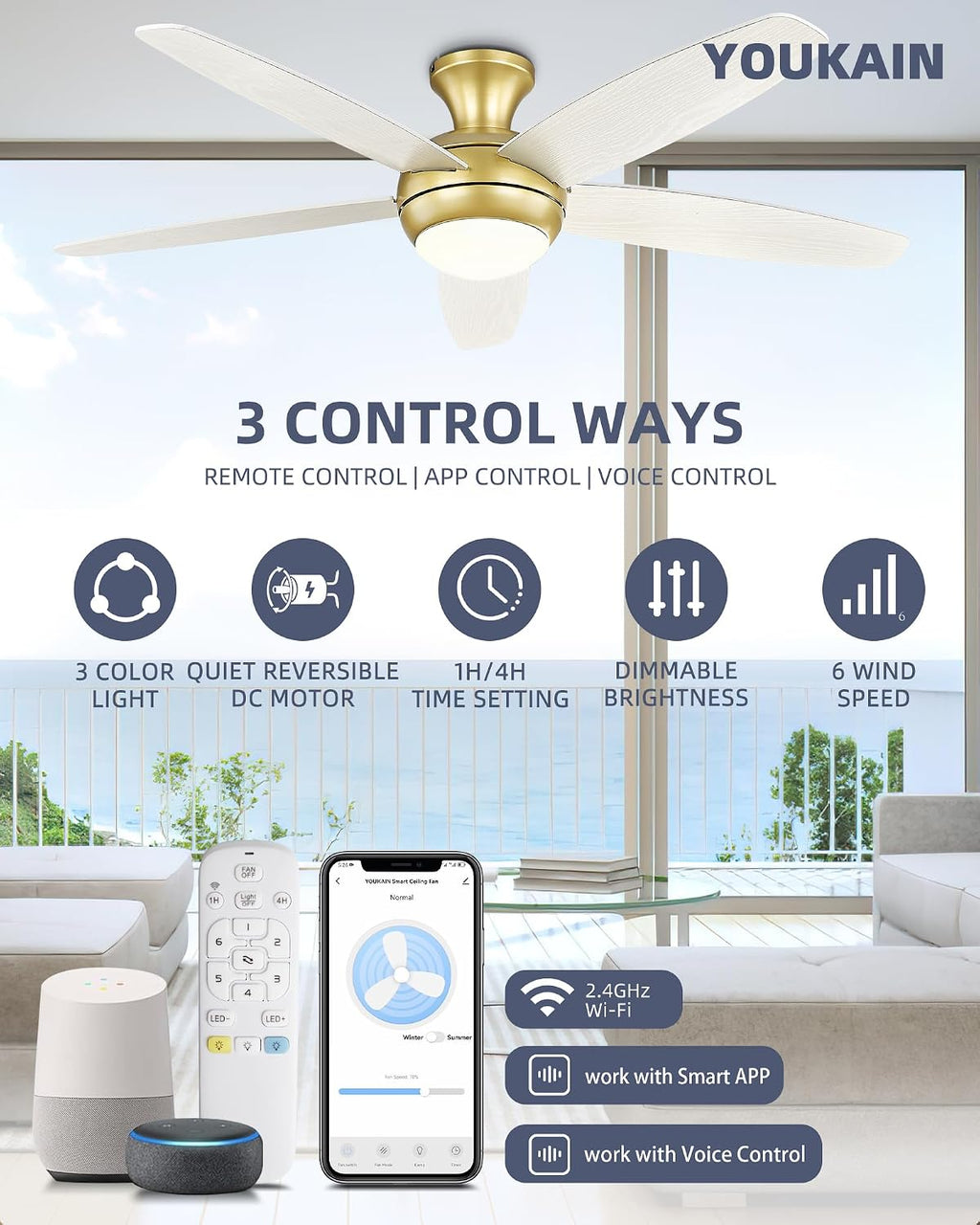 YOUKAIN 52'' Low Profile Ceiling Fan With Light, Gold Flush Mount Ceiling Fan, 6 Speeds DC Reversible Motor, Outdoor Indoor Modern Smart Ceiling Fans Work With WIFI App, 52-YJ236-GD