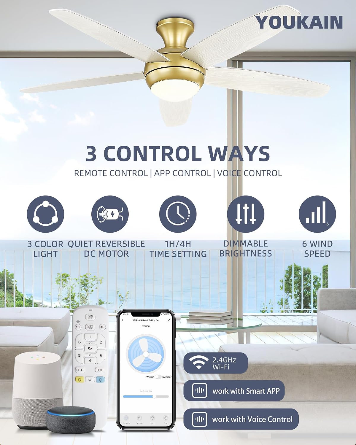 YOUKAIN 52'' Low Profile Ceiling Fan With Light, Gold Flush Mount Ceiling Fan, 6 Speeds DC Reversible Motor, Outdoor Indoor Modern Smart Ceiling Fans Work With WIFI App, 52-YJ236-GD