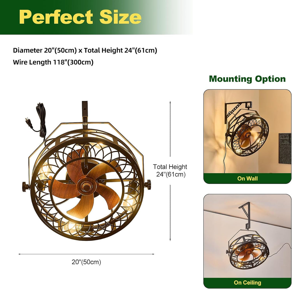 20' Wall Mount Fan with Lights, Wall Mounted Fan with Remote, 360° Adjustable Tilt Plug In Wall Fan, Indoor Industrial Fan Wall Mount for Garage, Bedroom, Workshop, Warehouse