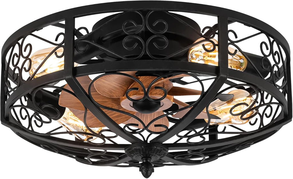 TIFEROR Vintage Ceiling Fan with Light, 20' Modern Enclosed Ceiling Fan with Remote Control, Low Profile Flush Mount for Hallway, Kitchen, Bedroom (Black, 5 E26 Bulbs Included)