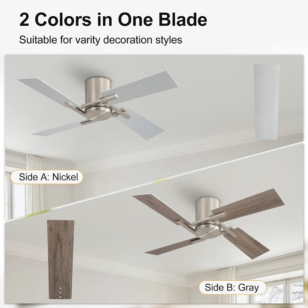 WINGBO 48 Inch Flush Mount Ceiling Fan without Light - 4 Plywood Blades, 6-Speed Reversible DC Motor, Noiseless Low Profile Ceiling Fan No Light for Bedroom Living Room, Nickel and Silver/Gray