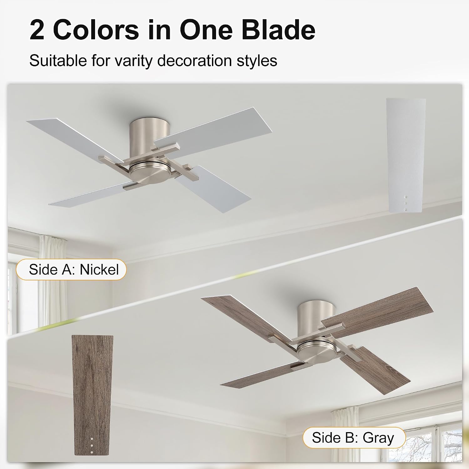 WINGBO 48 Inch Flush Mount Ceiling Fan without Light - 4 Plywood Blades, 6-Speed Reversible DC Motor, Noiseless Low Profile Ceiling Fan No Light for Bedroom Living Room, Nickel and Silver/Gray