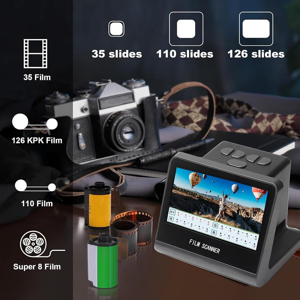 Digital Film and Slide Scanner with 5 Inch LCD Screen, Slide Scanner Digitizer, Convert 35mm/126/110/Super 8 Negatives Monochrome Slides to JPEG Photos