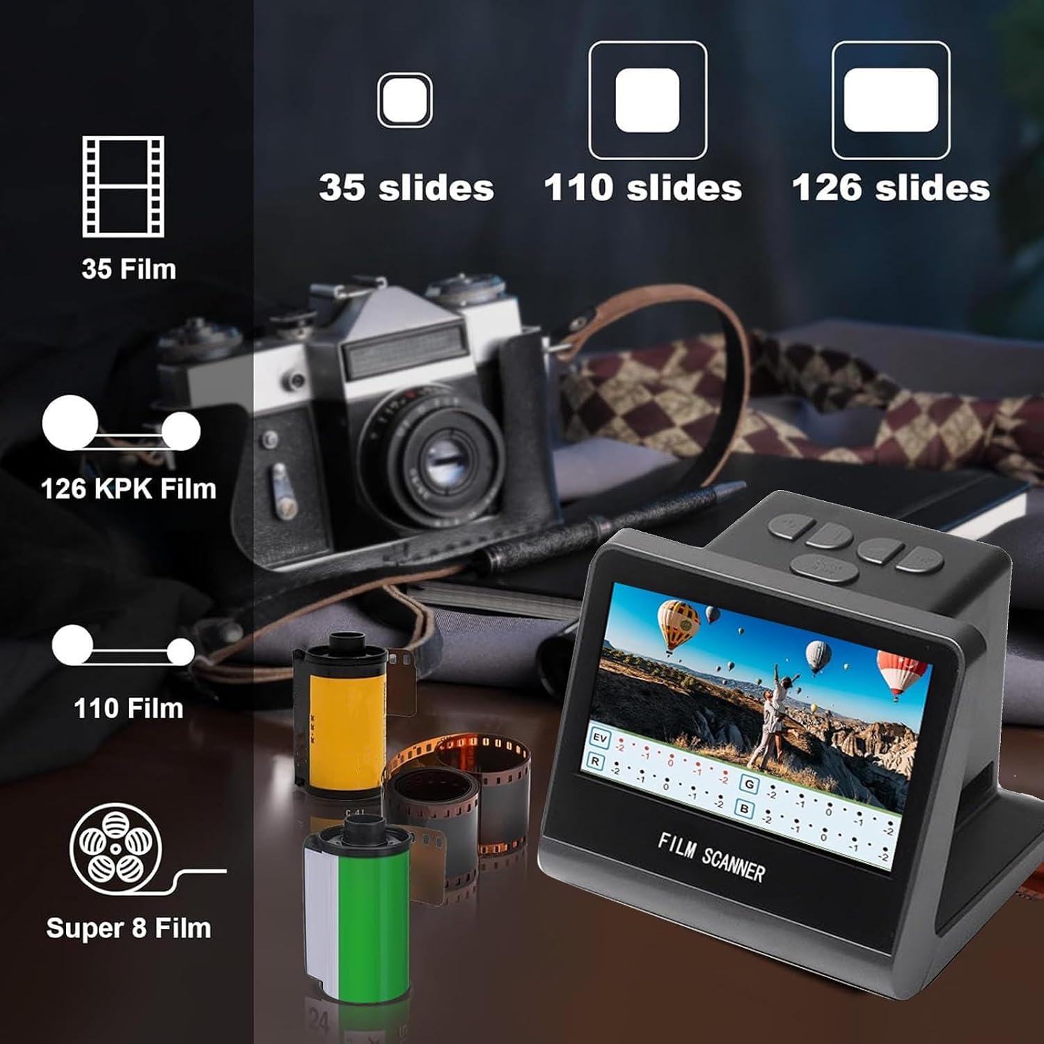 22MP Film Slide Scanner Digital Film Scanner 14MP Film Scanner with 5in LCD 16GB Memory for 35mm 126mm 110mm Color Black White Negatives Super 8 Slides