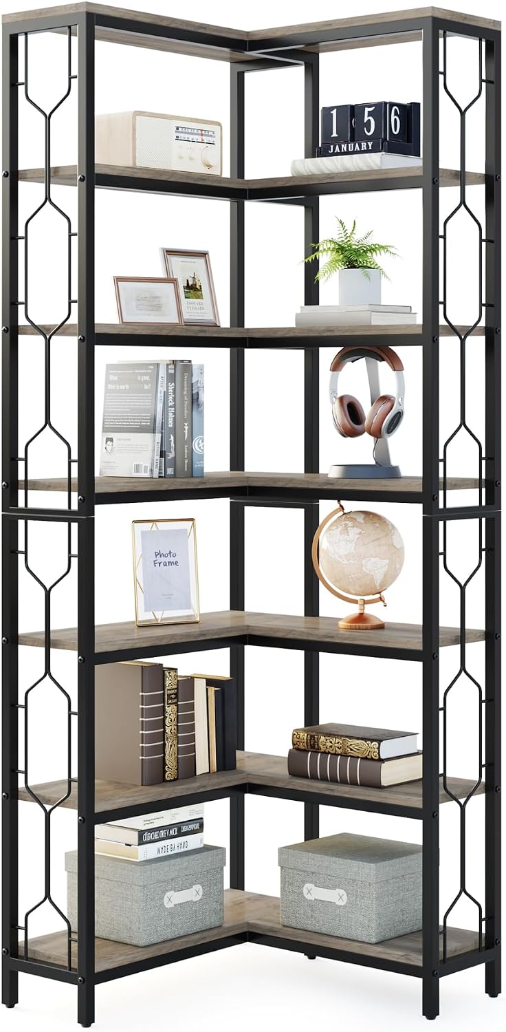 LITTLE TREE Corner Shelf, 7-Tier Industrial Corner Bookshelf, Wood and Metal Corner Etagere Bookcase, Freestanding Display Shelf for Living Room, Kitchen, Home Office, Grey