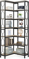 LITTLE TREE Corner Shelf, 7-Tier Industrial Corner Bookshelf, Wood and Metal Corner Etagere Bookcase, Freestanding Display Shelf for Living Room, Kitchen, Home Office, Grey