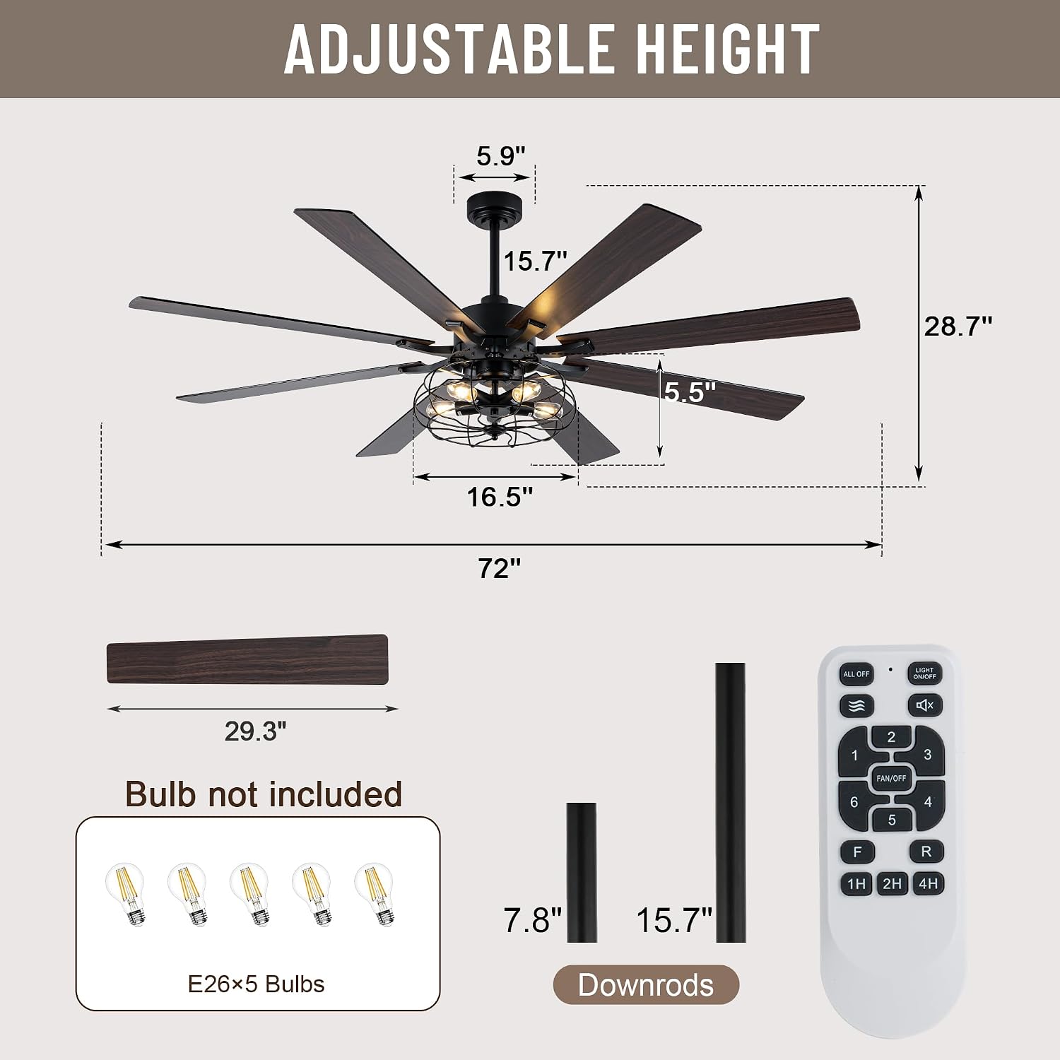 72' Industrial Ceiling Fan with Light,8 Blades DC Motor Farmhouse Cage Ceiling Fan,6 Speed Reversible Quiet Ceiling Fan with Remote Control for Patio Living Room Bedroom