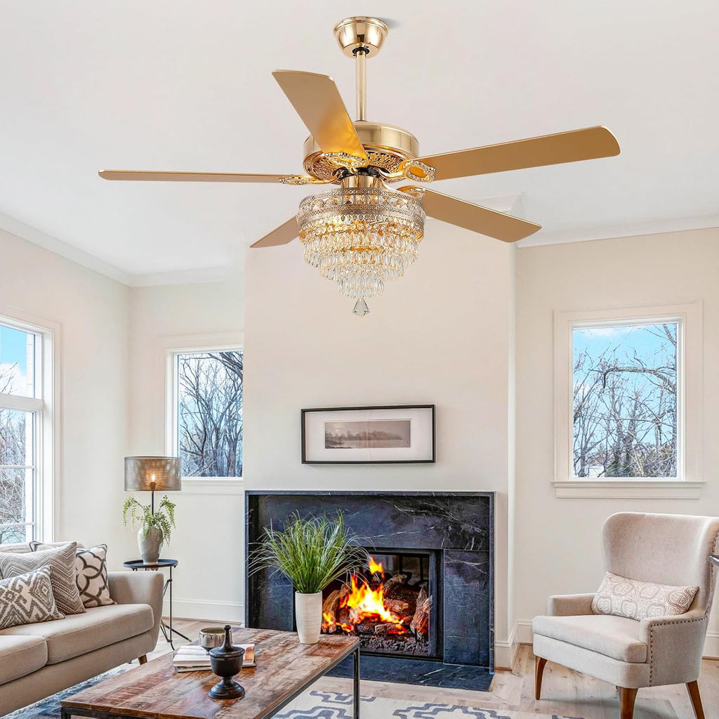Asyko 52' Golden Crystal Ceiling Fan Fandelier with Lights - Modern Chandelier Fans with Remote Control，Noiseless DC Motor, Retro/Farmhouse Lighting, Dining Room,Living Room