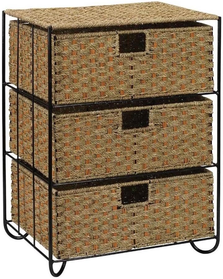 Household Essentials 3 Drawer Wicker Storage Unit with Handwoven Seagrass and Curved Metal Feet, Natural Finish