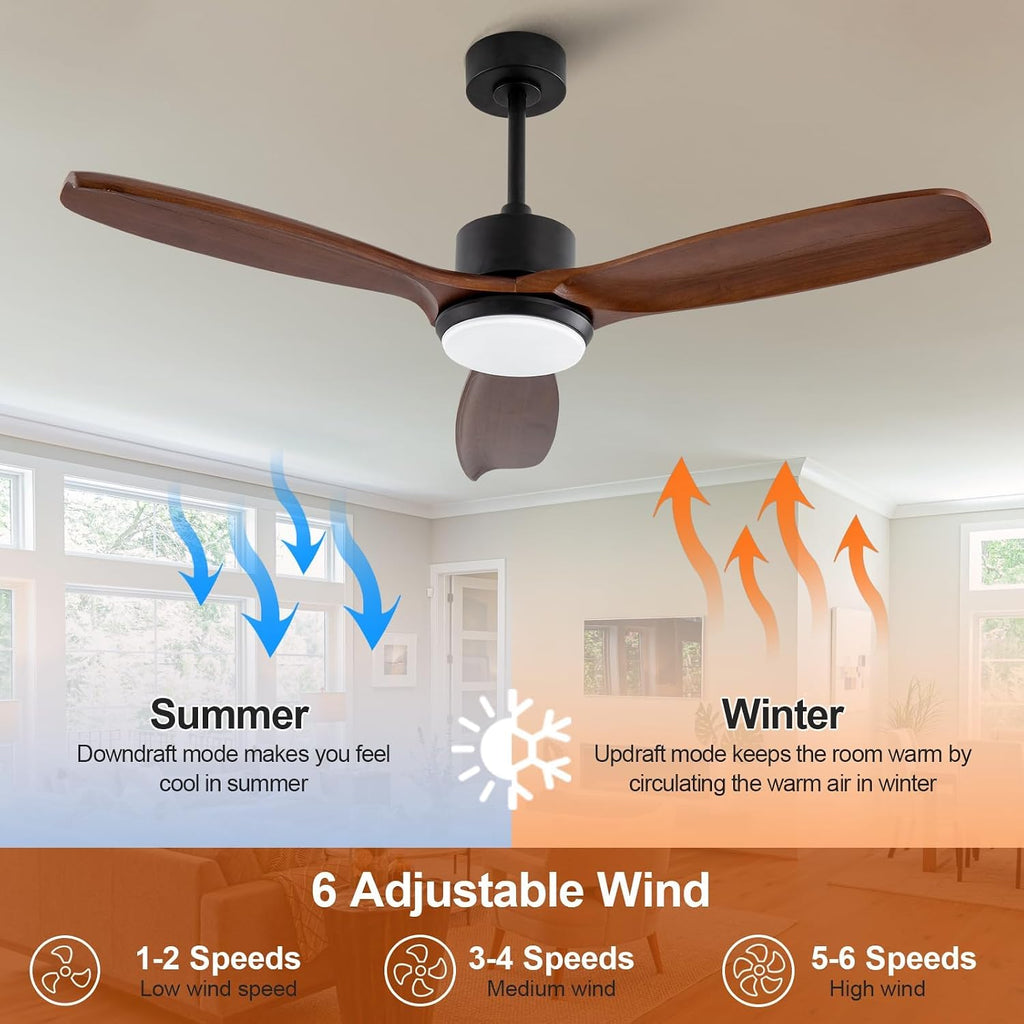 KBZZ 52 Inch Ceiling Fans with Lights and Remote, Solid Wood Blades, Dimmable, Reversible DC Motor, Memory Function, Modern Indoor Outdoor Ceiling Fan with Light for Patio Bedroom (Black Walnut)